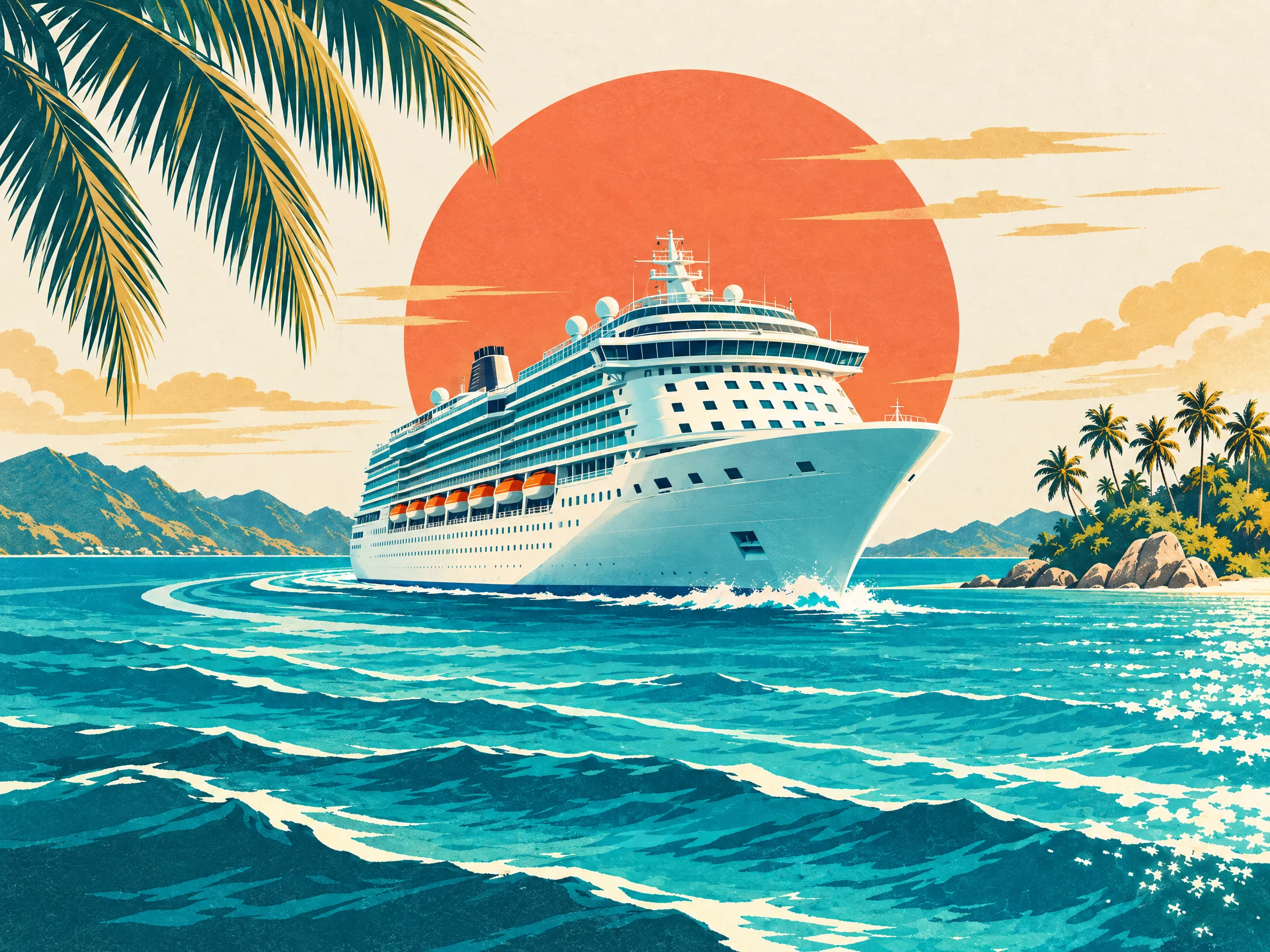 Retro illustration of a white cruise ship sailing across turquoise water beneath a coral sun